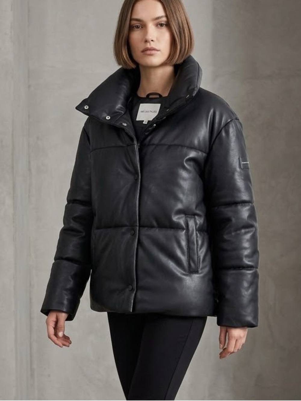 Avec Les Filles Black Faux Lesther Puffer Jacket with High Collar - Women XS EUC